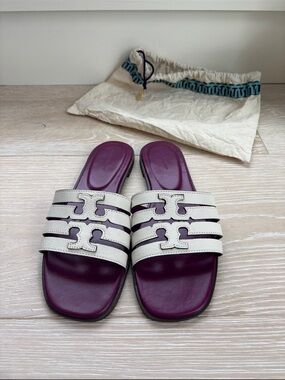 Tory Burch White Leather Triple-Stripe Logo Slide Sandals with Plum Insole